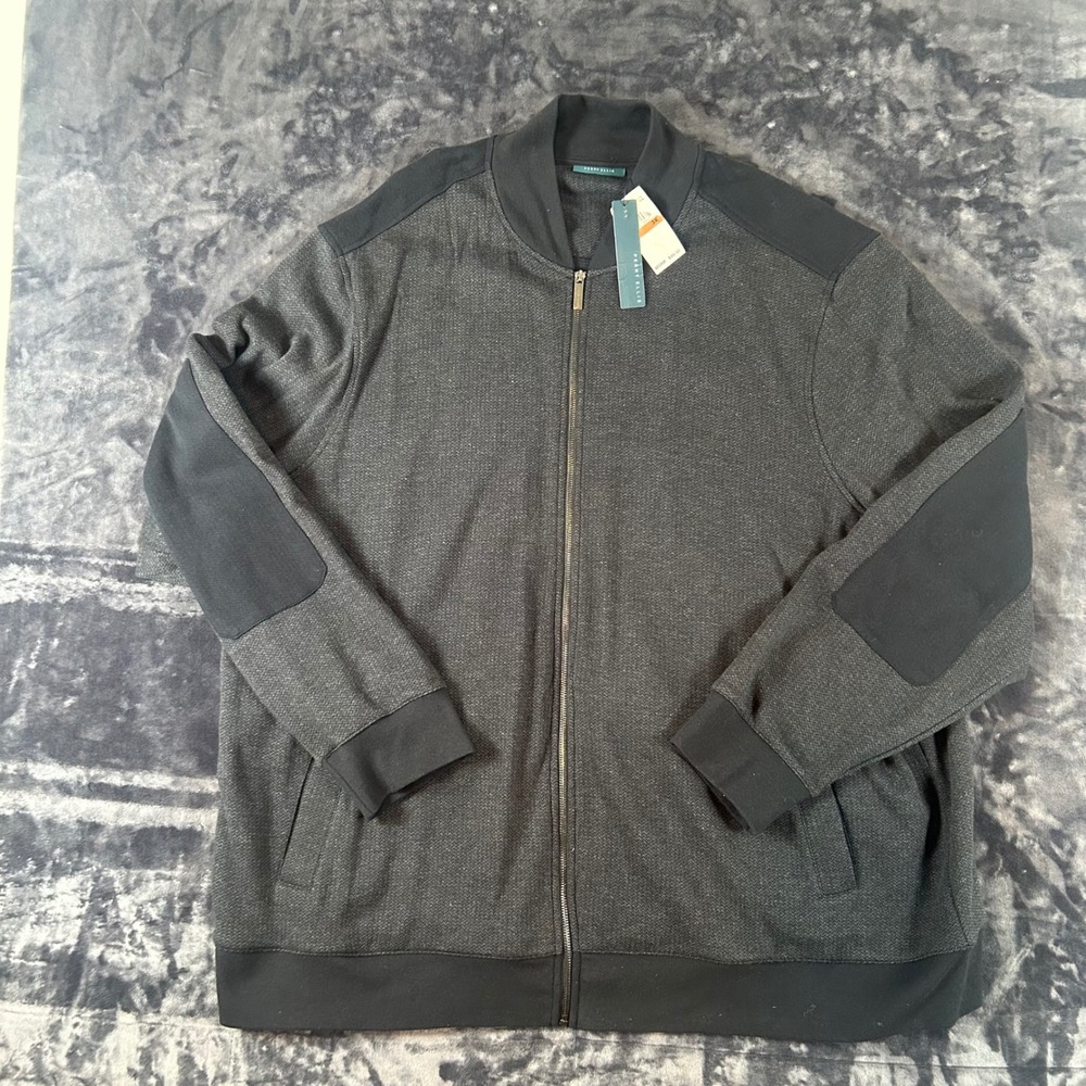 Perry Ellis Bomber Jacket Mens 3X Grey Herringbone Full Zip Cotton Elbow Patch